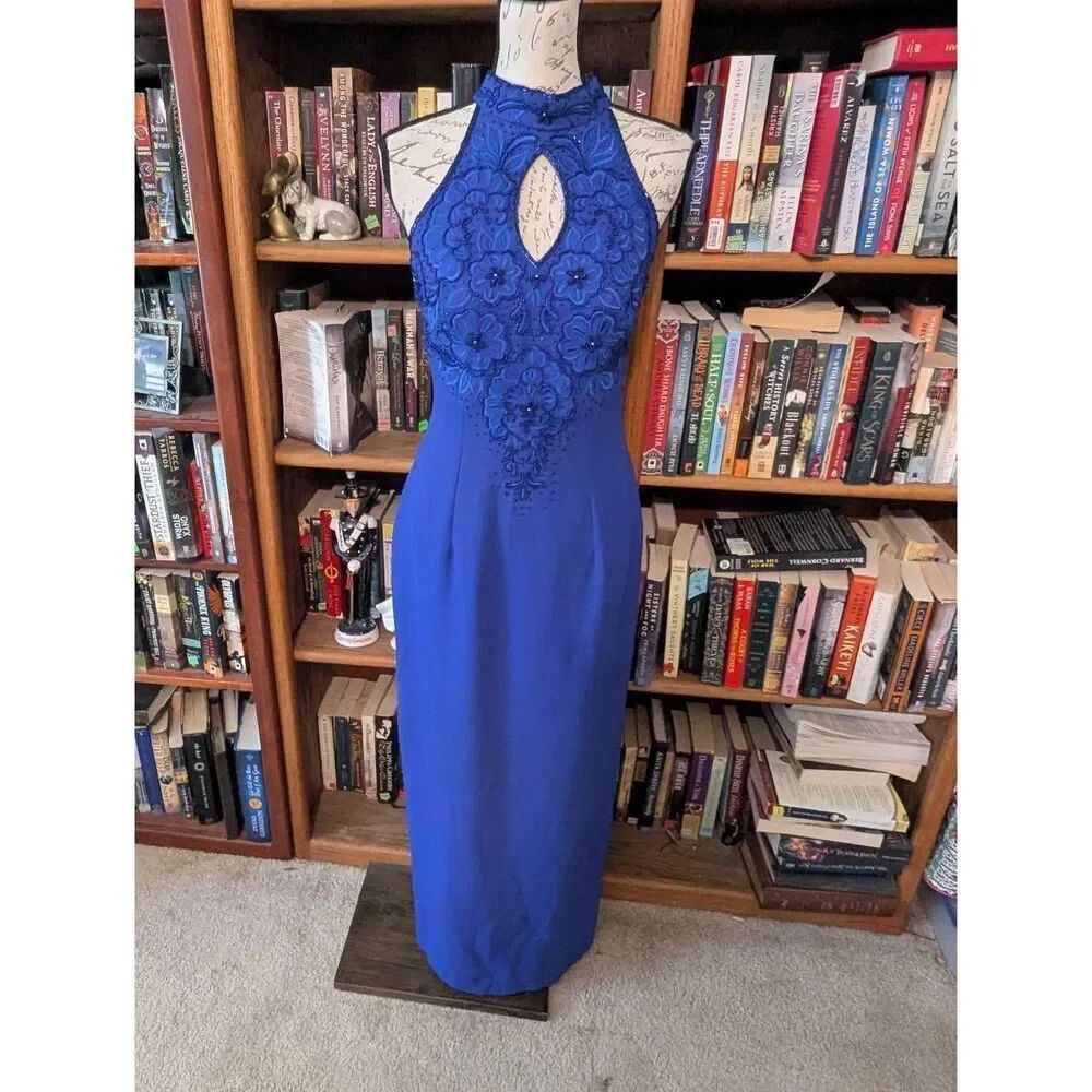 Vintage 90s Nina Canacci Women's Size 6 Blue Floral Embroidered Maxi Dress Gown
